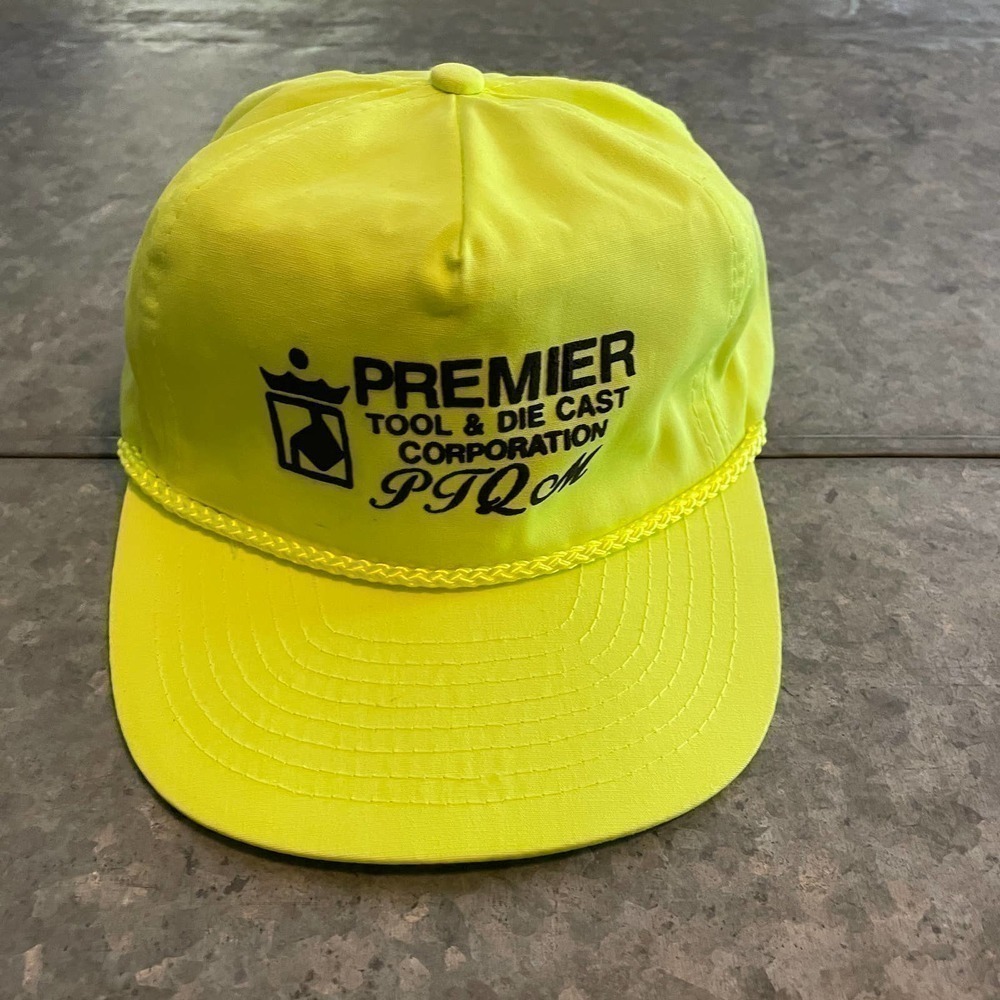 Vintage Neon Green Strapback Hat Premier Tool & Die Cast Nissin Cap Dad Retro